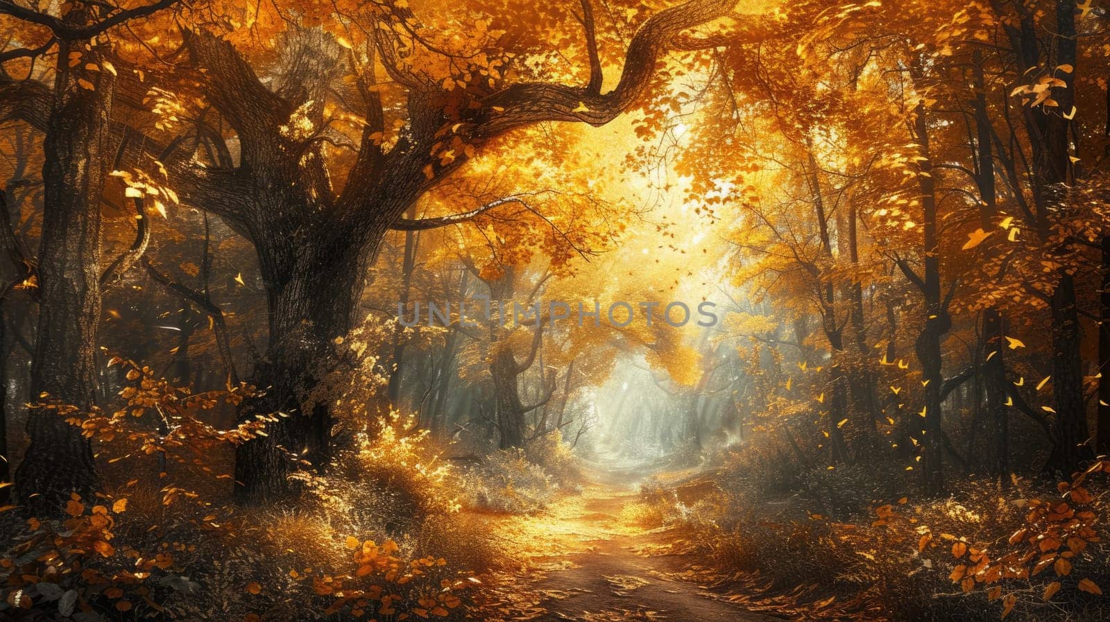 An enchanted forest in autumn, filled with golden leaves in autumn. Resplendent.