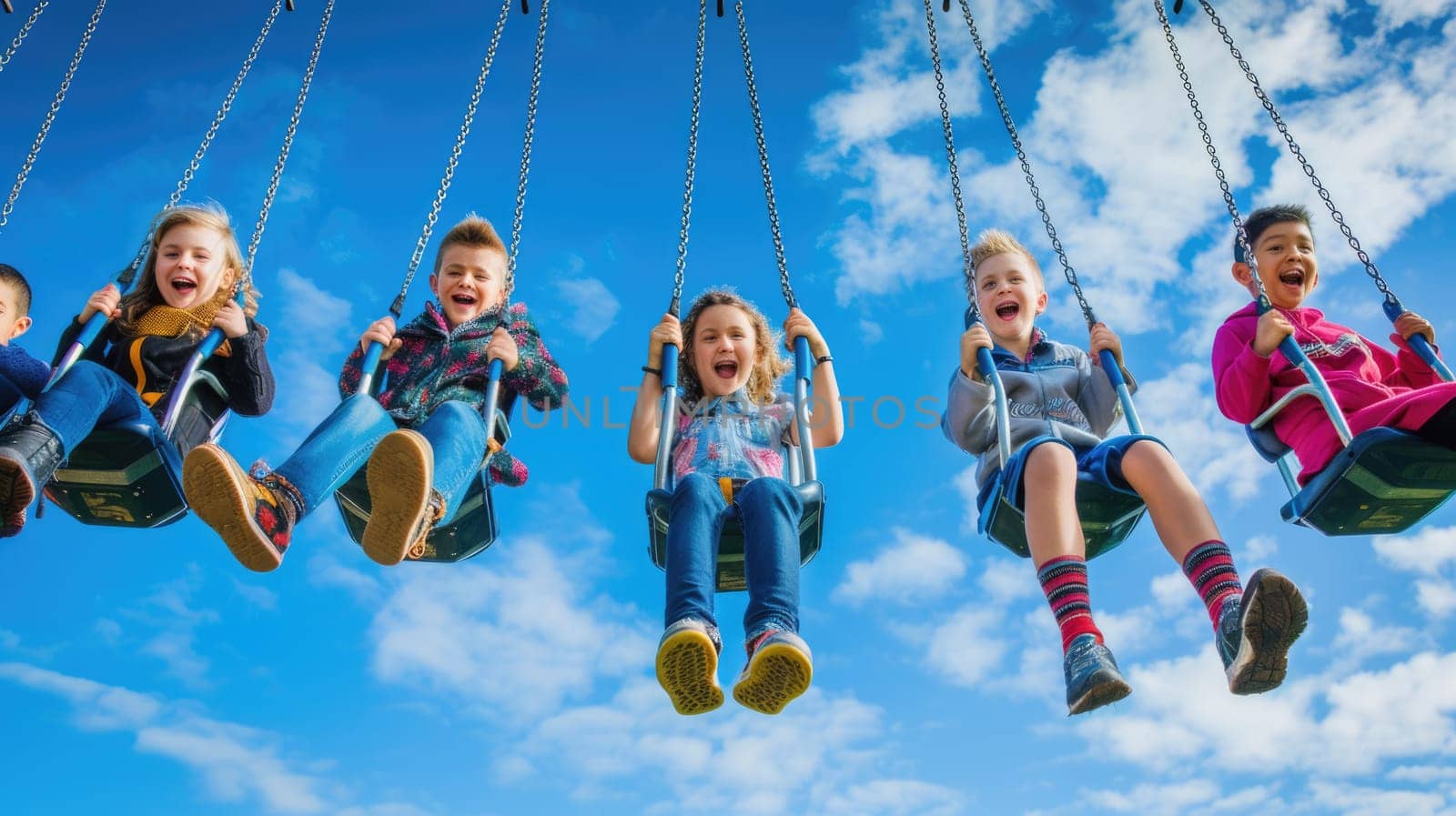 A joyful event of leisure and fun as a group of children travel through the sky on electric blue swings, happily sharing the experience in the clouds. AIG41