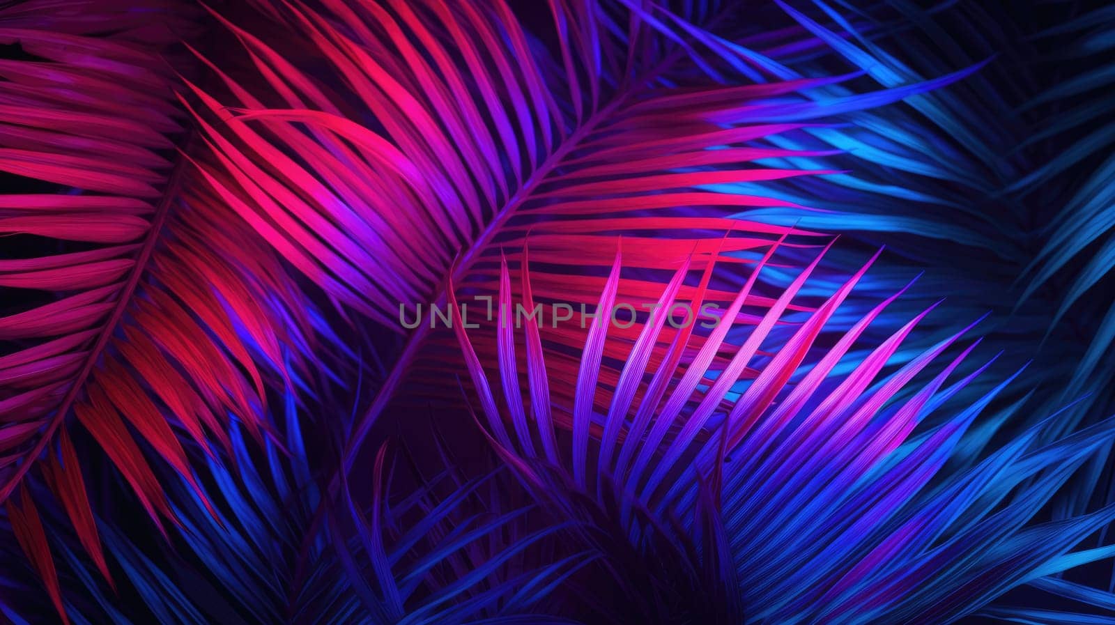 Light and shade on palm leaf background, blue purple toned. Tropical AI background