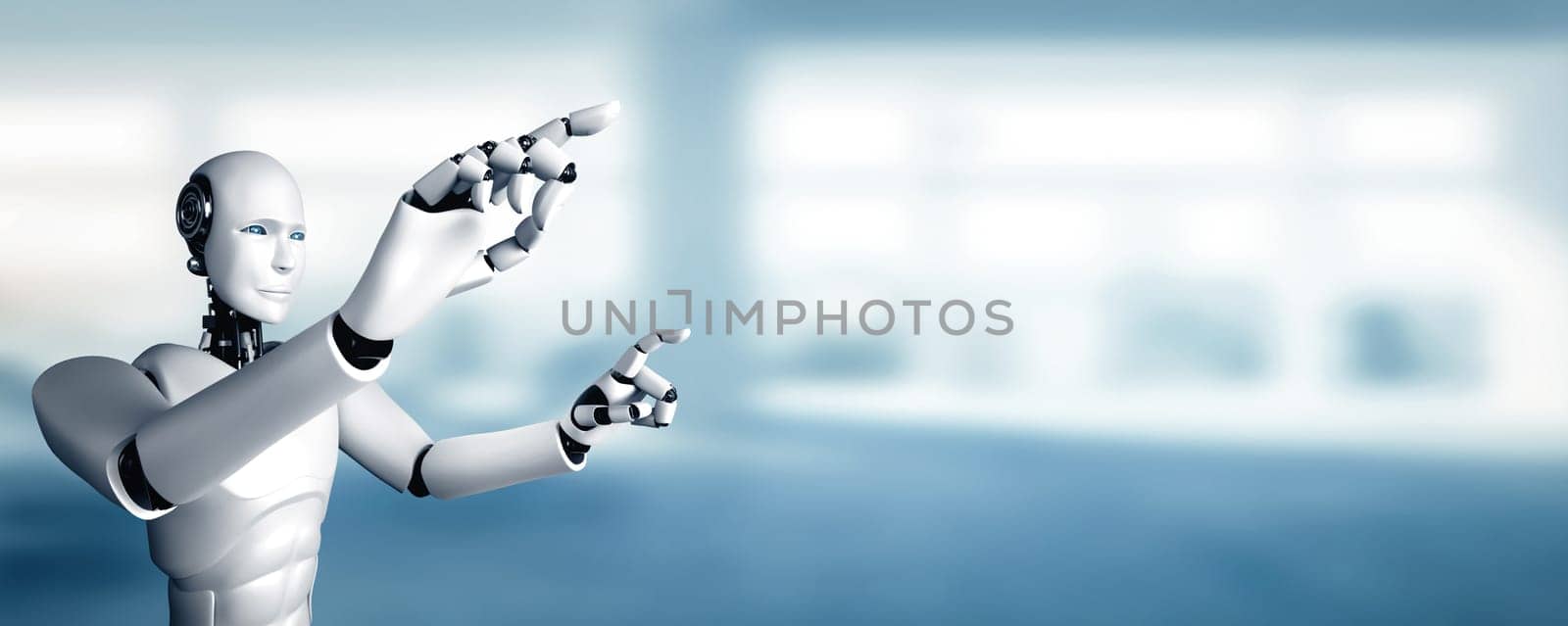 XAI AI humanoid robot touching finger at copy space by biancoblue
