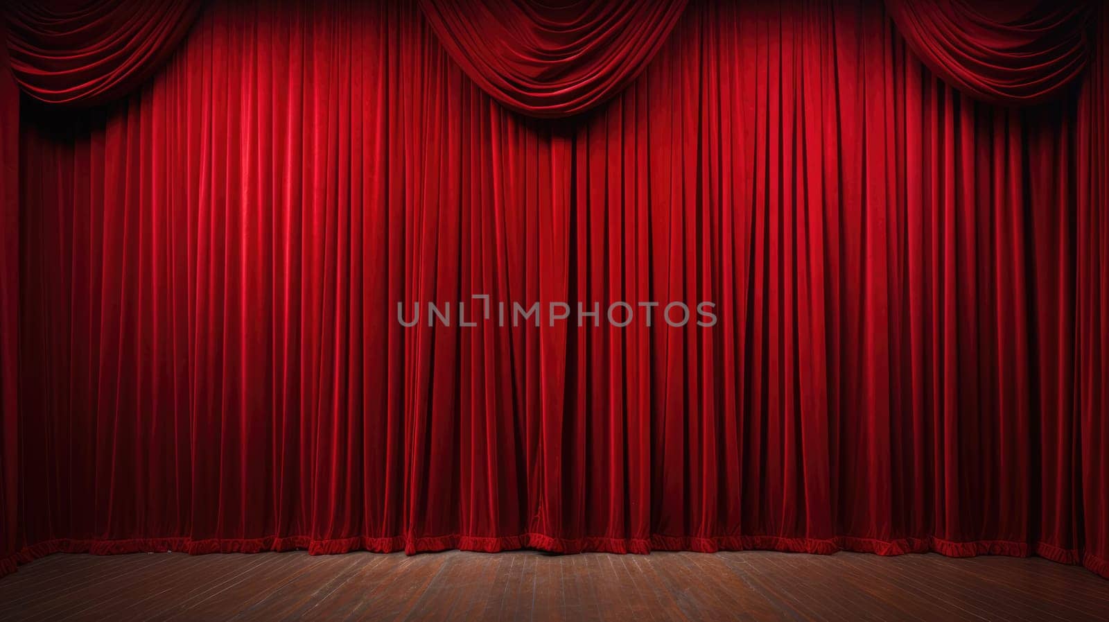 Closed crumpled red curtain over empty theater stage. AI