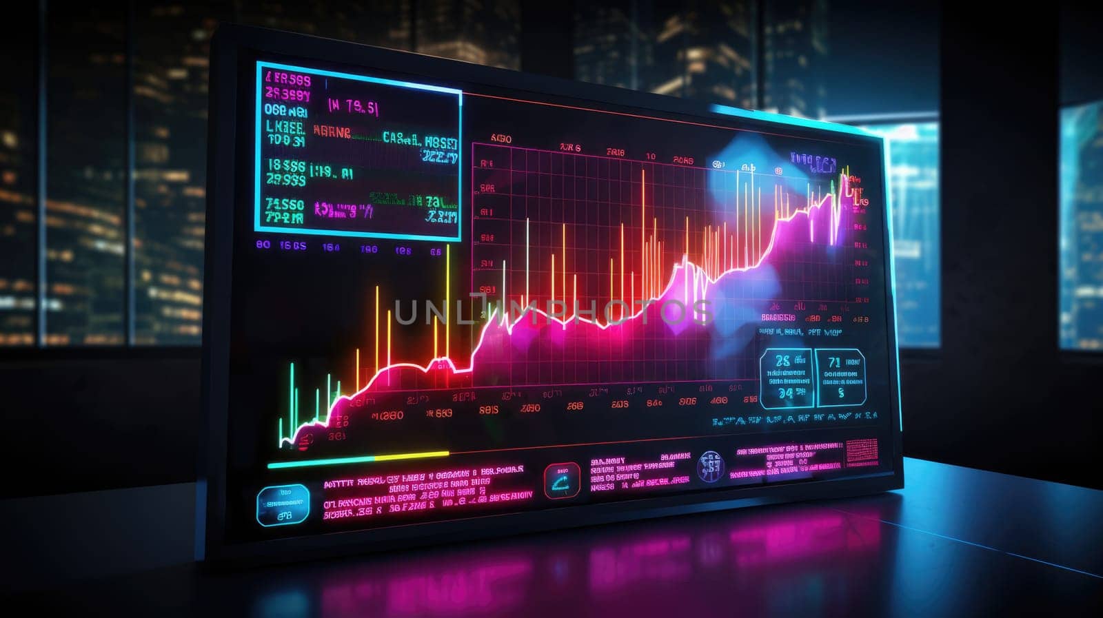 Stock market growth graph, financial neon chart on screen in modern office. Ai banner