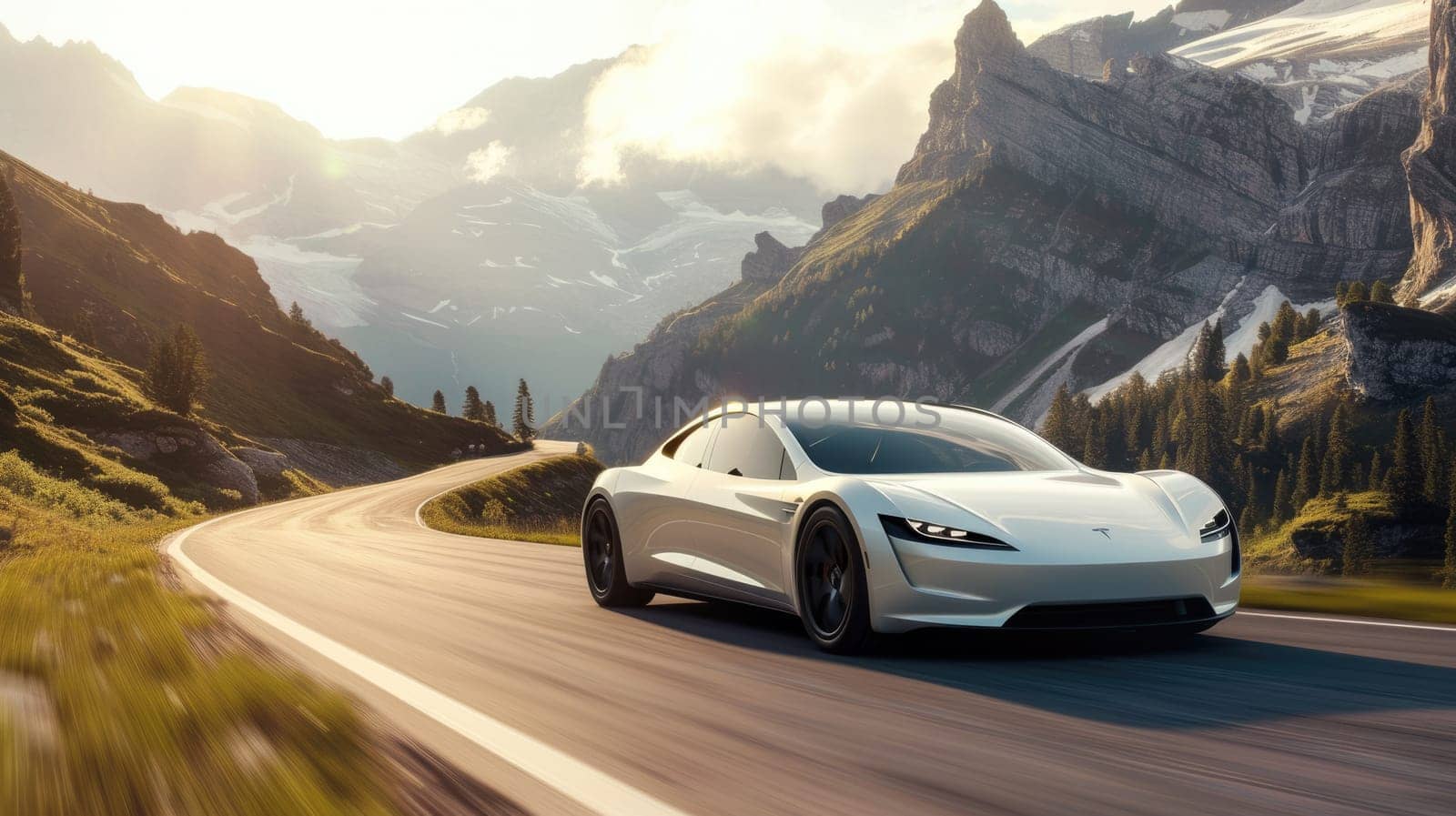 A white vehicle with Clouds as the background is driving down a mountain road with the Automotive parking lights on. AIG41