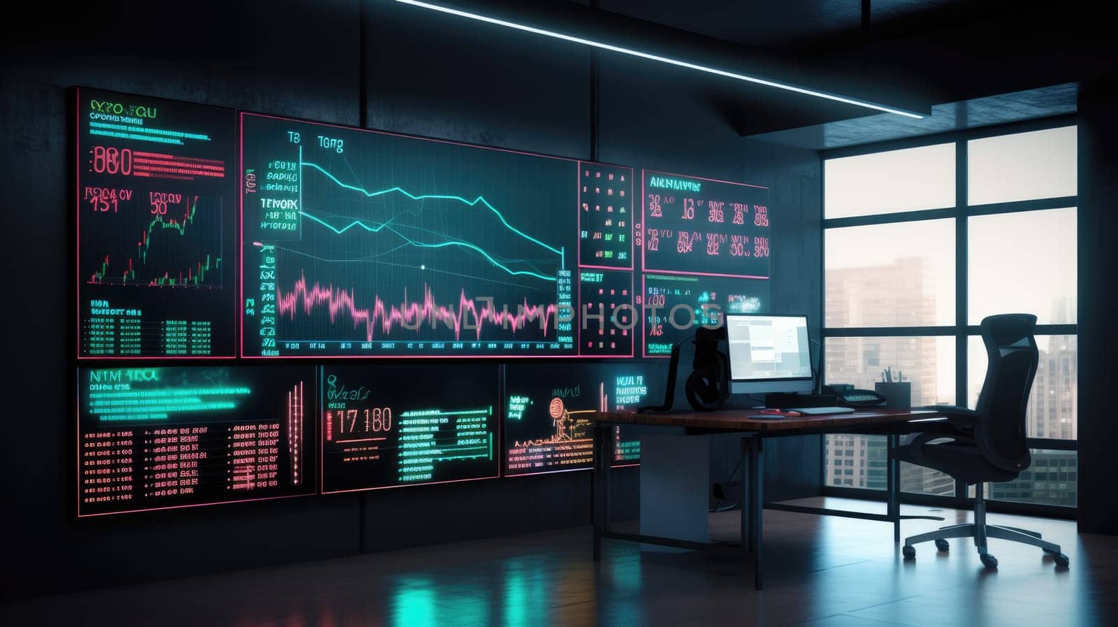 Stock market growth graph, financial neon chart on screen in modern office. Ai banner