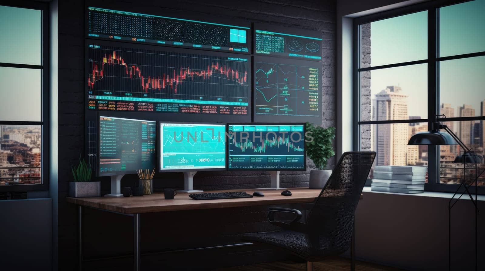 Stock market growth graph, financial neon chart on screen in modern office by natali_brill