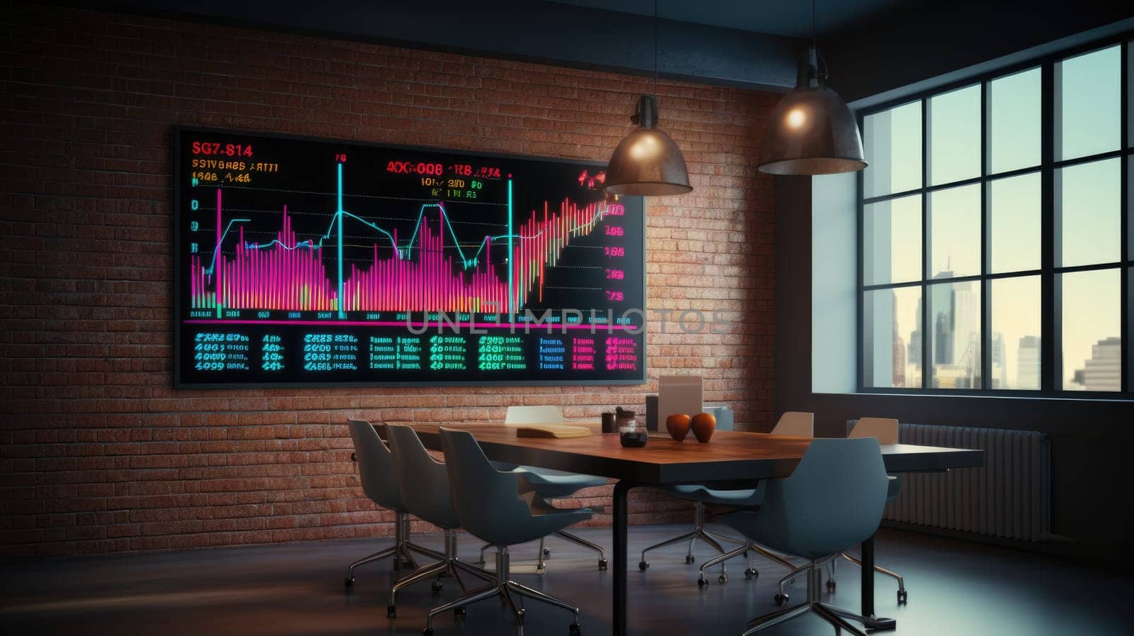 Stock market growth graph, financial neon chart on screen in modern office. Ai banner