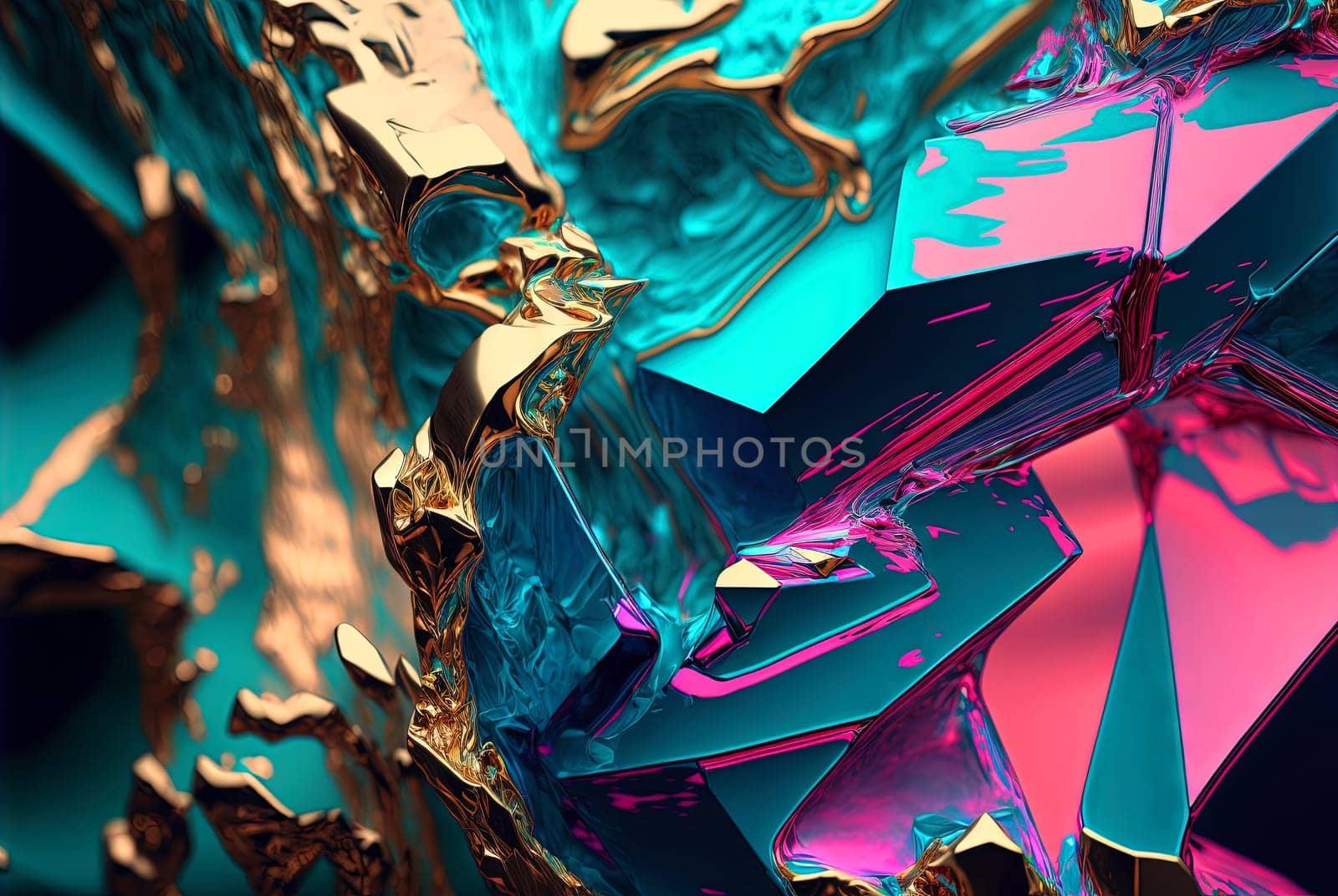 Abstract background with free 3D golden shapes, flowing and melting in surreal motion. Soft splashing abstract forms background with blue and purple crystal inclusion. Generated AI. by SwillKch