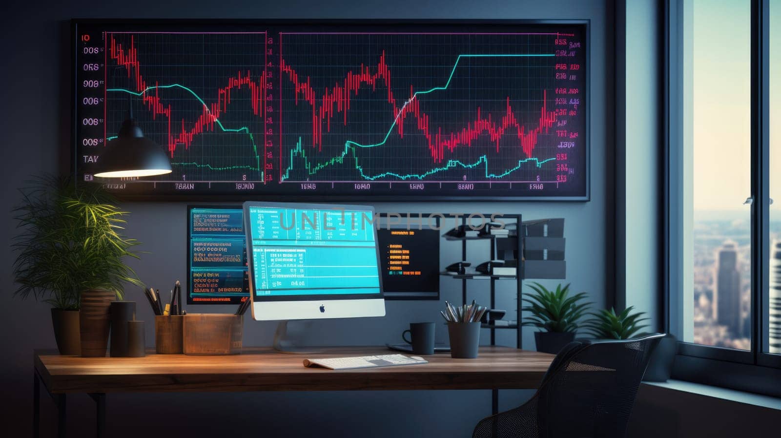 Stock market growth graph, financial neon chart on screen in modern office. Ai banner