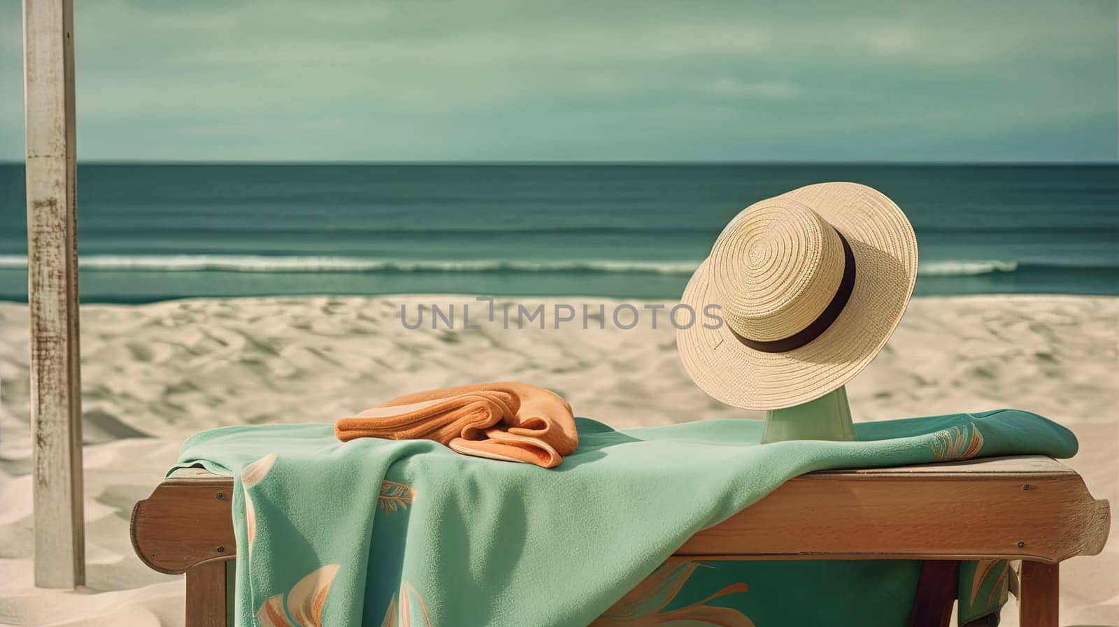 Hat and towel on the sand of the beach. Vacation scene with straw hat on the shore line. Generative AI