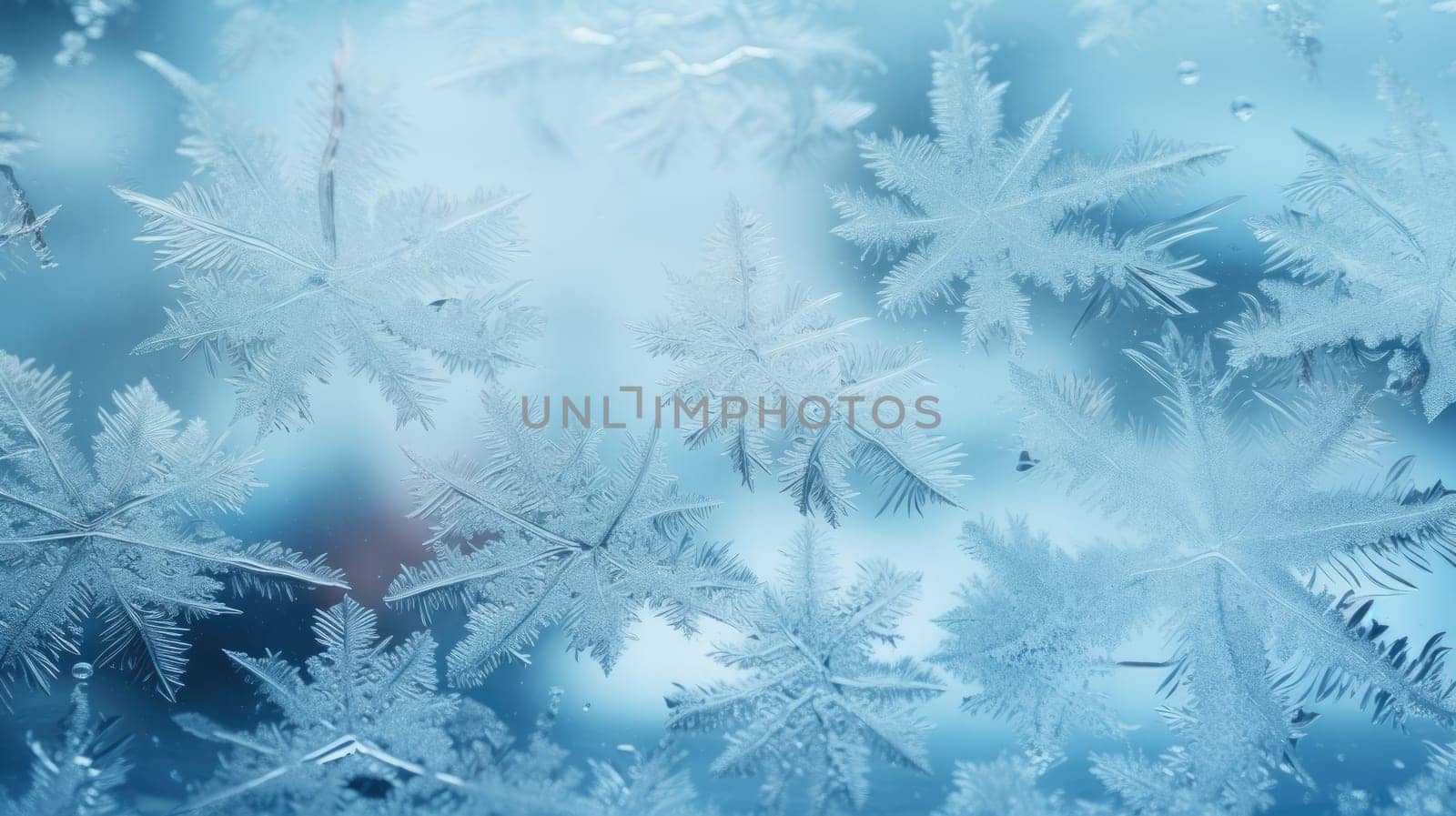 Snow pattern on glass. Winter frost patterns on glass. Ice crystals or cold winter background. AI