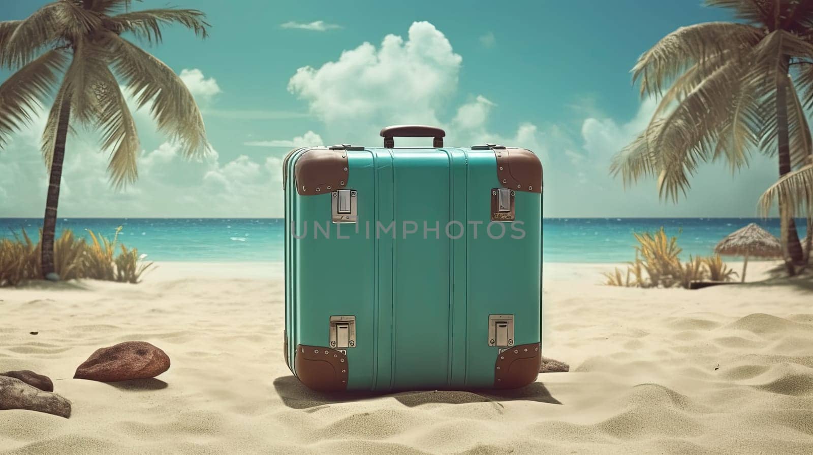 Suitcase in the sand of the beach. Vacation scene with travel case on the shore line. Generative AI. by SwillKch