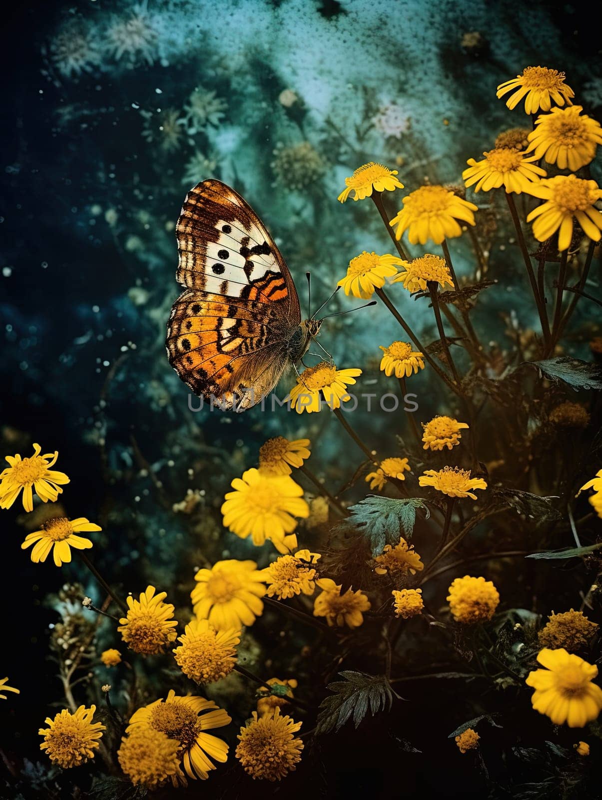 Butterfly on the colorful flowers and plants. Calm nature scene with dreamy colors. Generated AI. by SwillKch