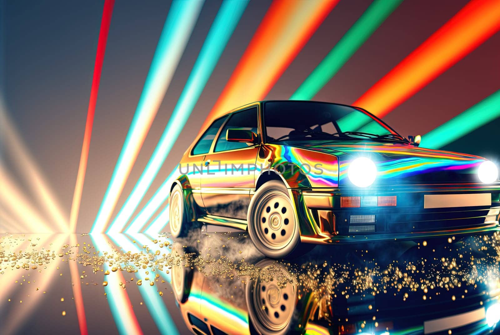 80s styled abstract retro car. Vintage automotive design in neon lights. Generated AI