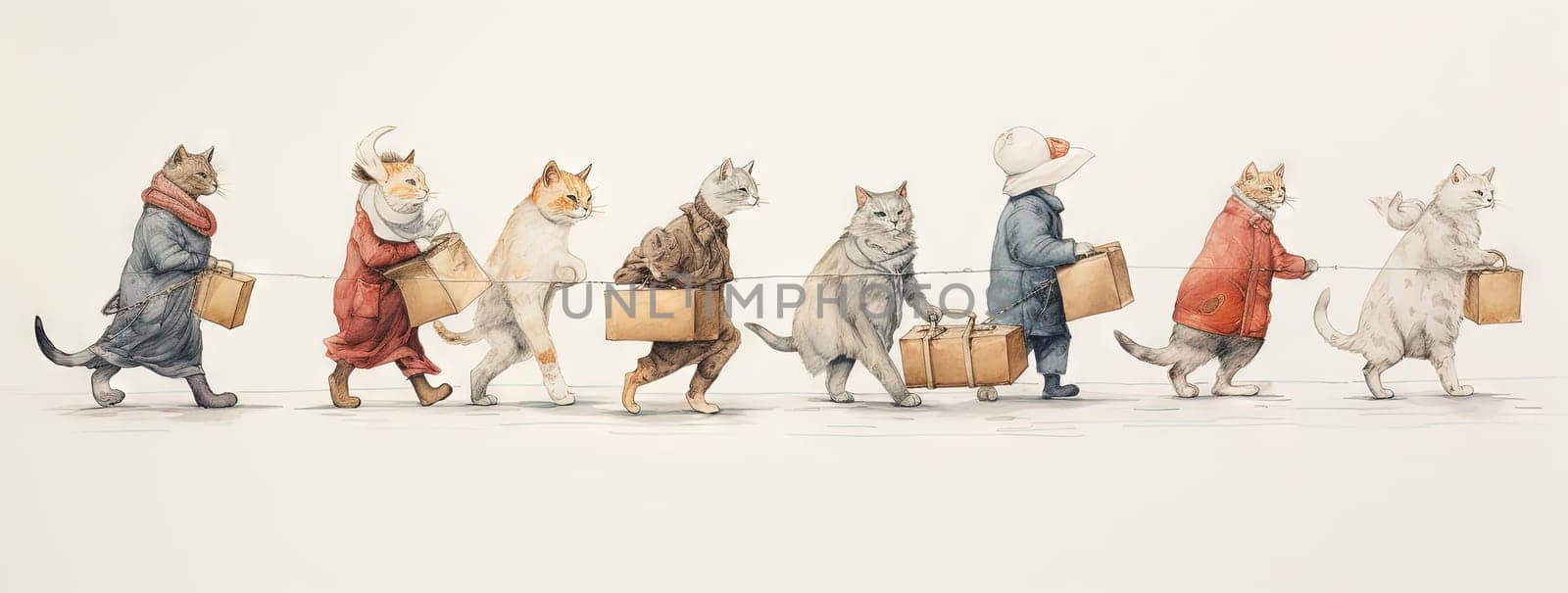 Cute cats family travelling with luggage. Watercolor styled kittens with suitcases. Generated AI. by SwillKch