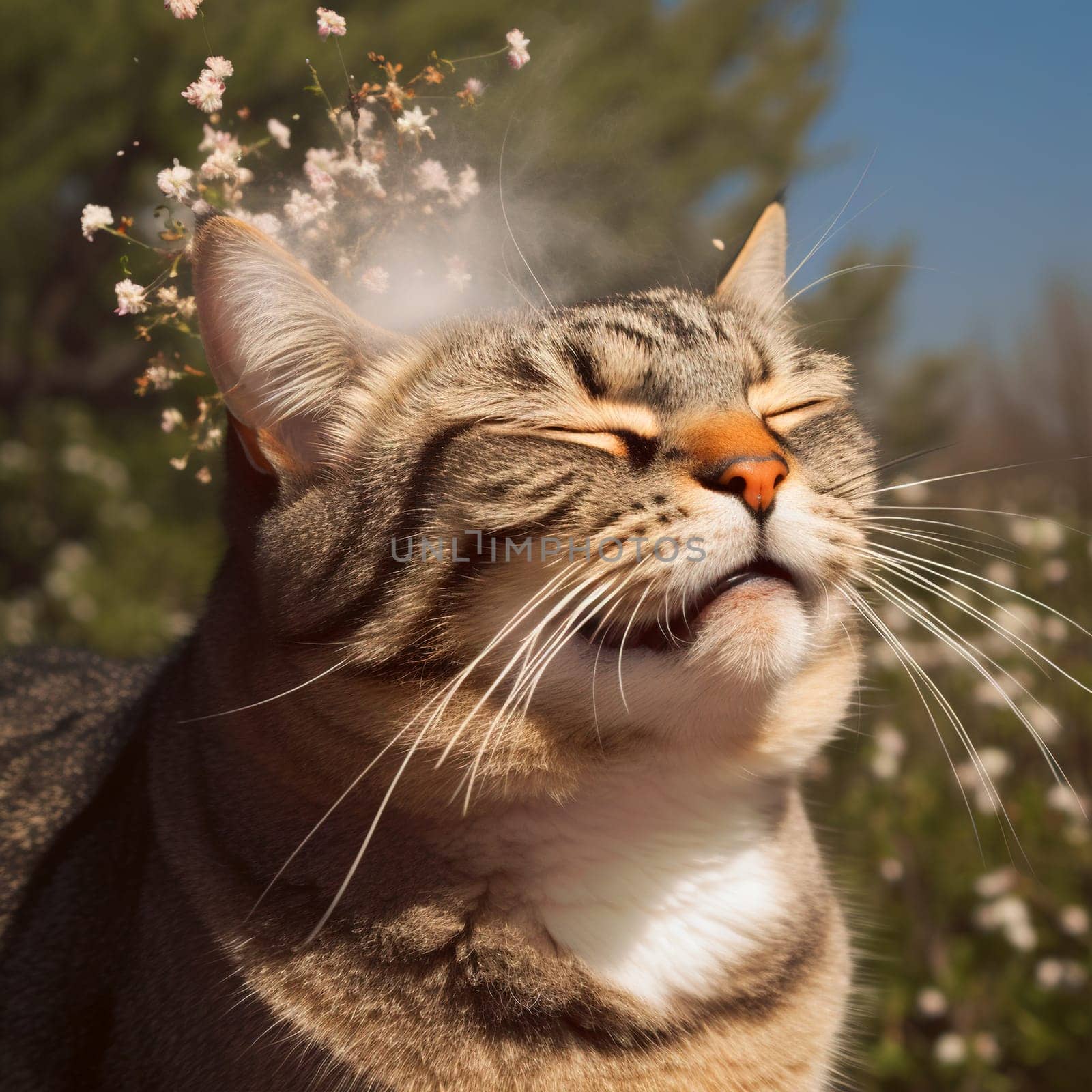 Cat sneezing after smelling flowers. Allergy metaphor with funny kitten. Generated AI. by SwillKch
