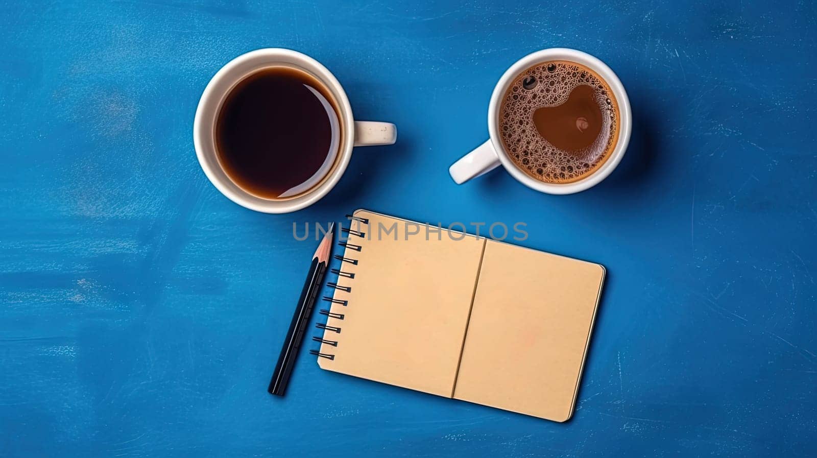 Cup of coffee and notepad with pen, top view. Generated AI. by SwillKch