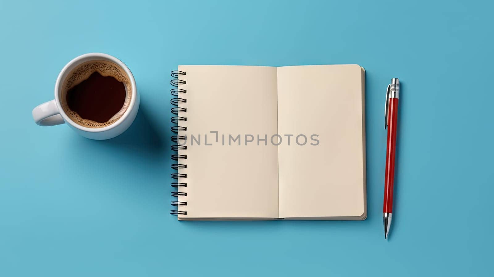 Cup of coffee and notepad with pen, top view. Generated AI. by SwillKch