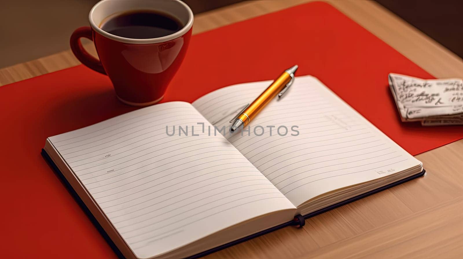 Cup of coffee and notepad with pen composition, top view. Generated AI
