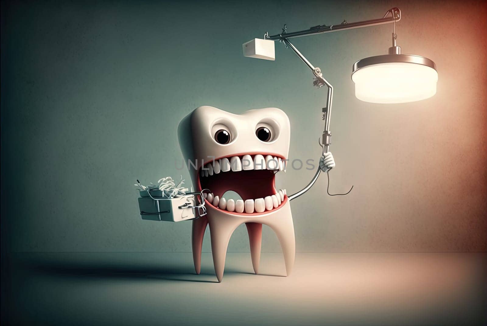 Funny Dentist Day poster with retro styled tooth and vintage equipment. Generated AI