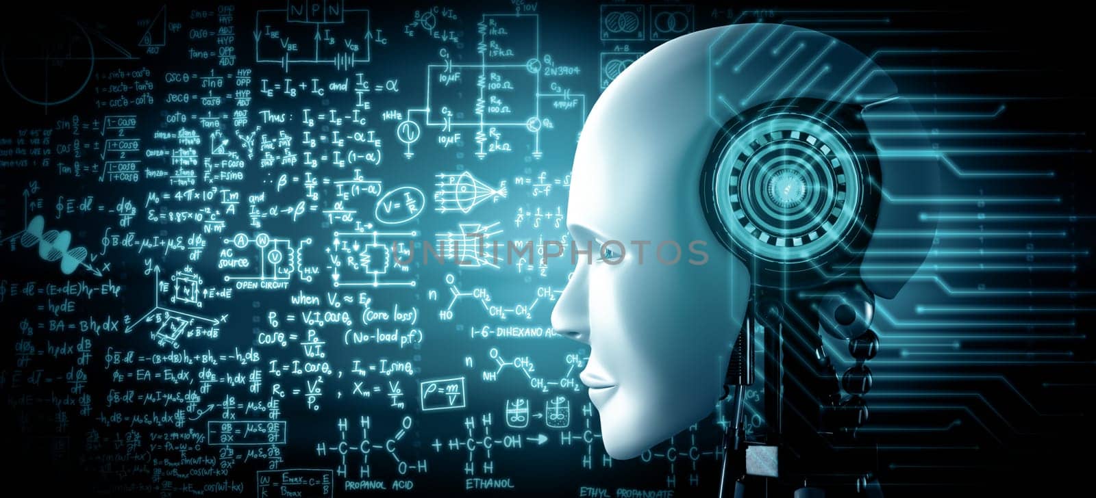 XAI 3d illustration Robot humanoid face close up with graphic concept of engineering science study by AI thinking brain, artificial intelligence and machine learning process for 4th industrial revolution. 3D illustration