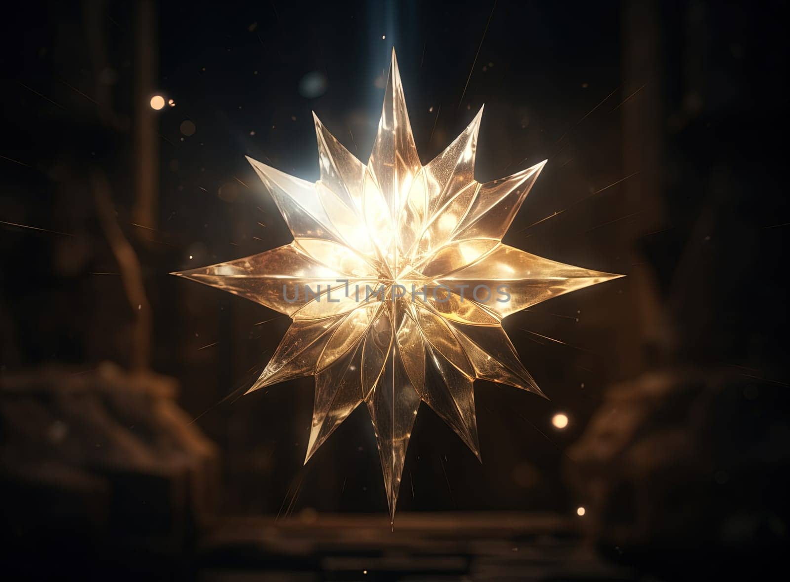 Star flare with yellow rays and beams on dark background. Generated AI