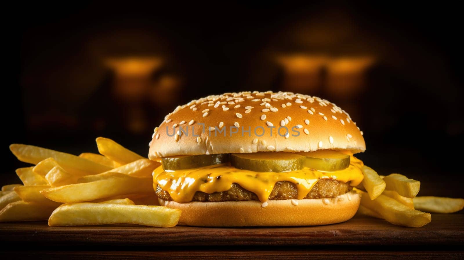 Juicy tasty hamburger on the table. Fast food image of a burger with grilled meat. Generated AI