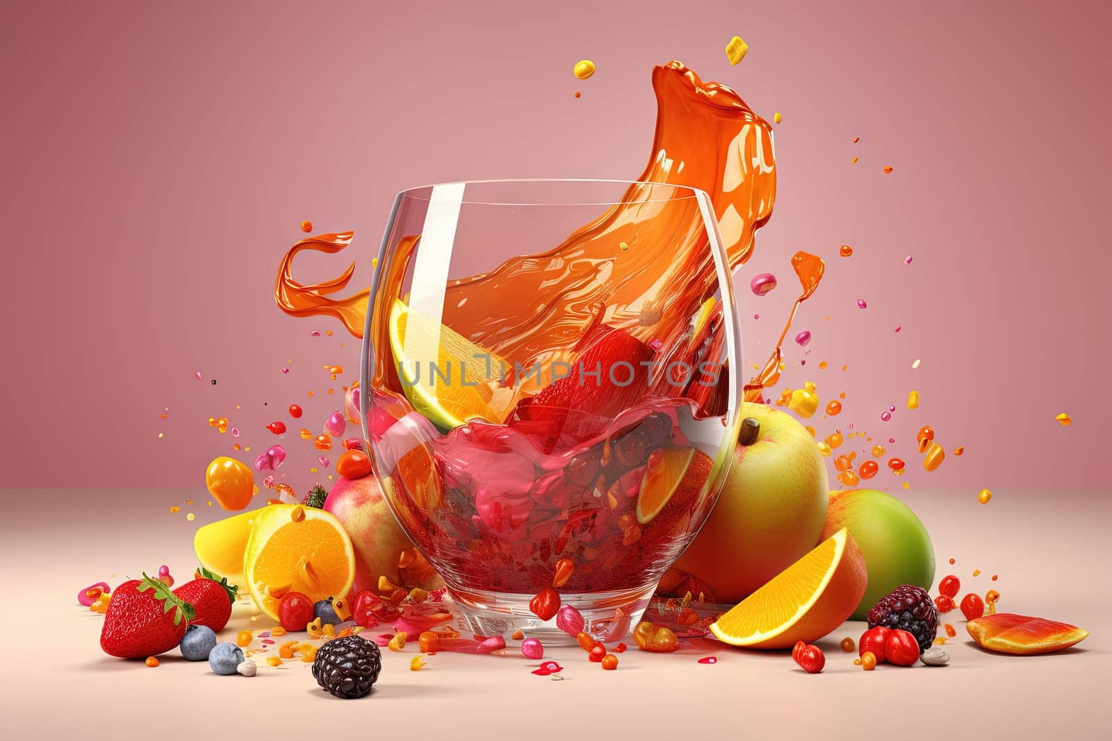 Glass of juice with fruits and berries on the table. Drink splash of sweet organic cocktail. Generated AI