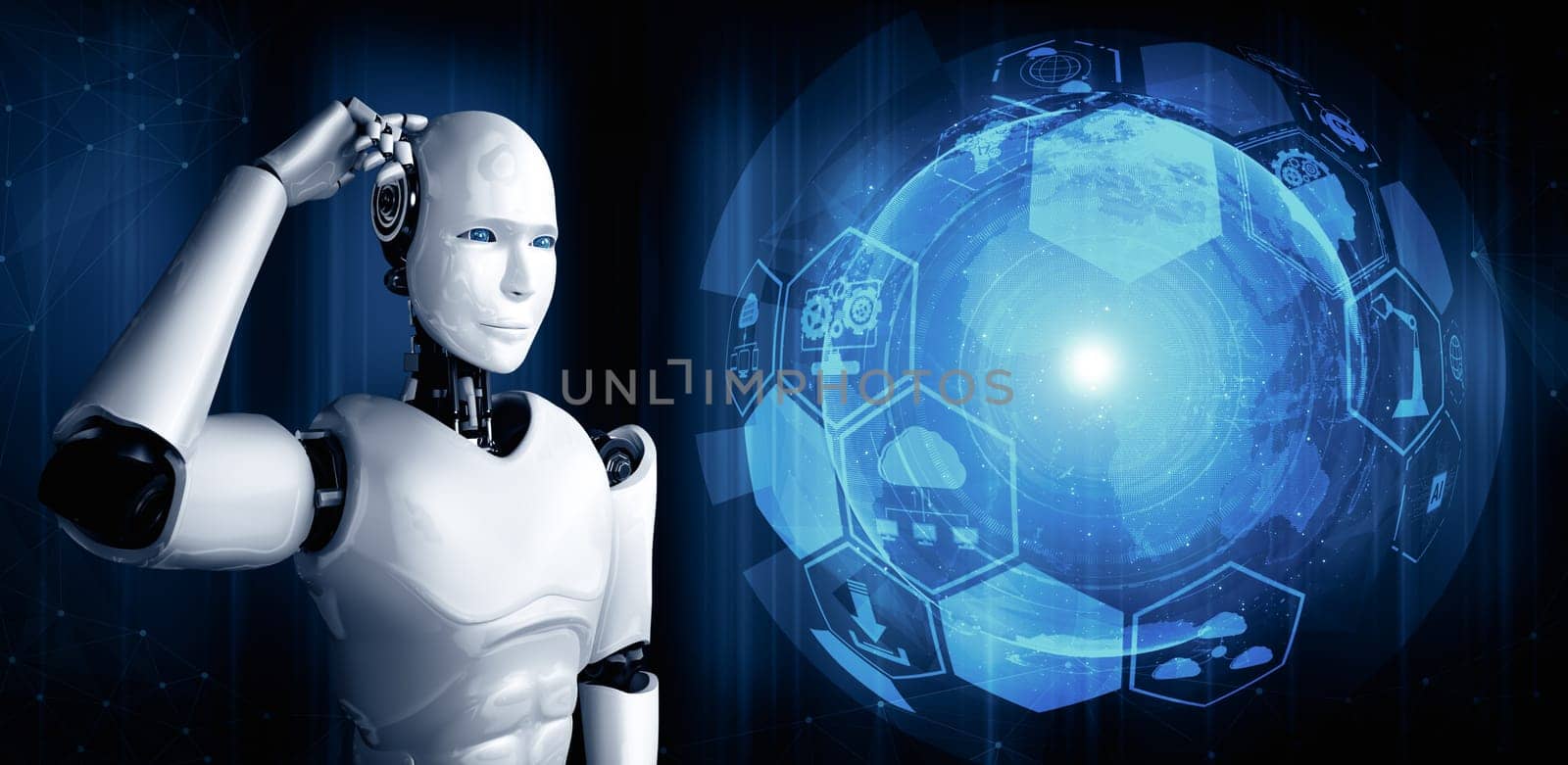 XAI Thinking AI humanoid robot analyzing hologram screen shows concept of network by biancoblue