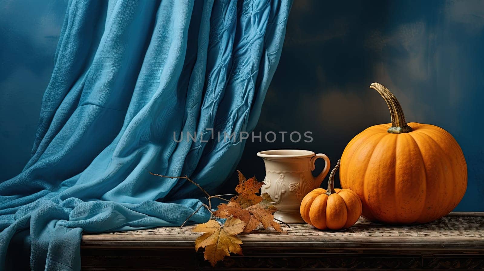 Still life with orange pumpkin on the blue background. Autumn harvest and fall holidays. Generated AI