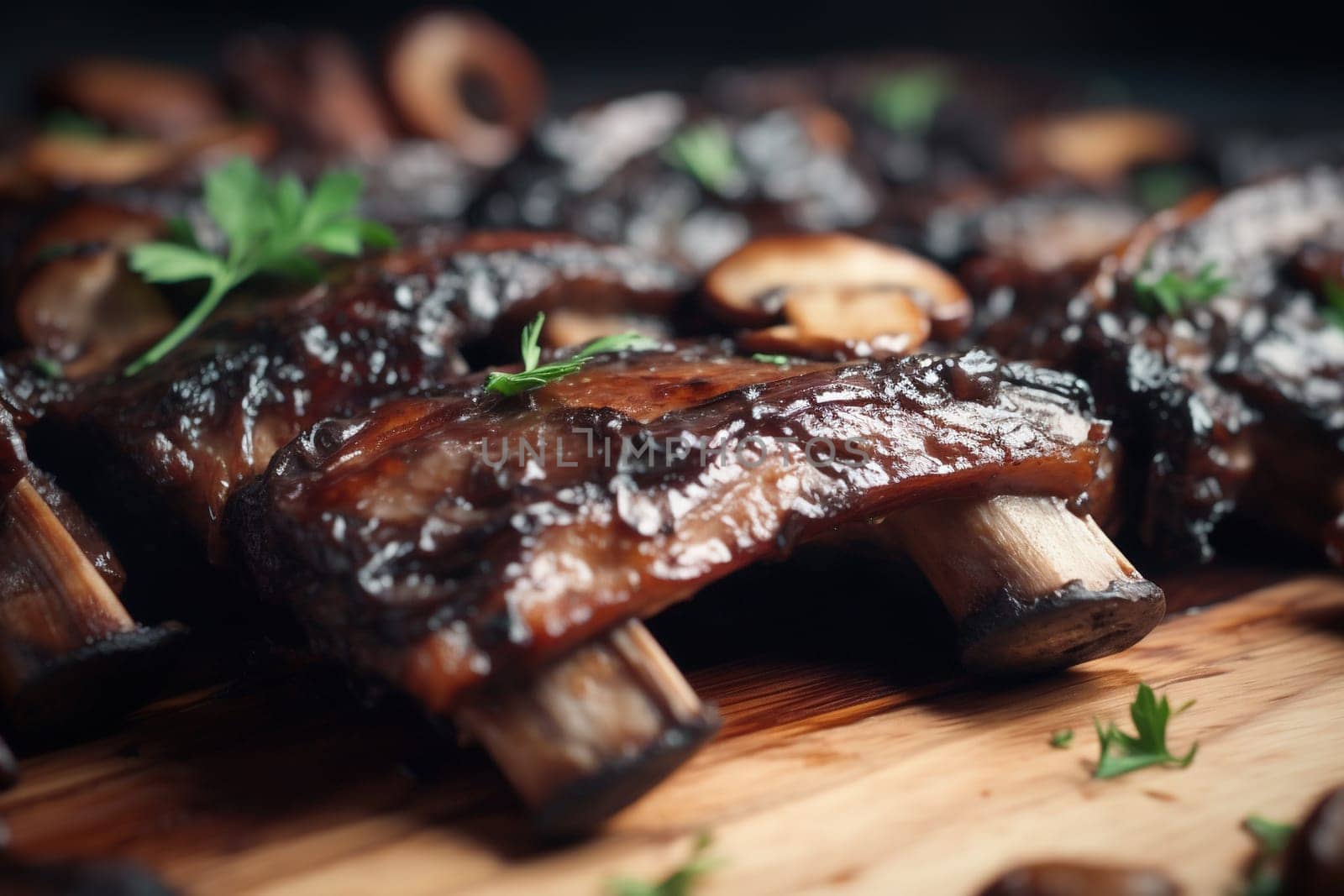 Juicy ribs barbeque served with green spices. Summer BBQ meal with tasty fresh meat on the rib bones. Generated AI