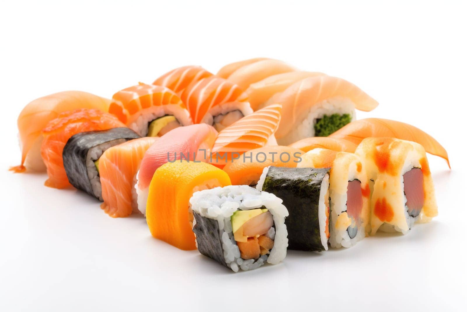 Sushi set. Collection of fast fool in asian style. Classic shushi and rice rolls. Generated AI
