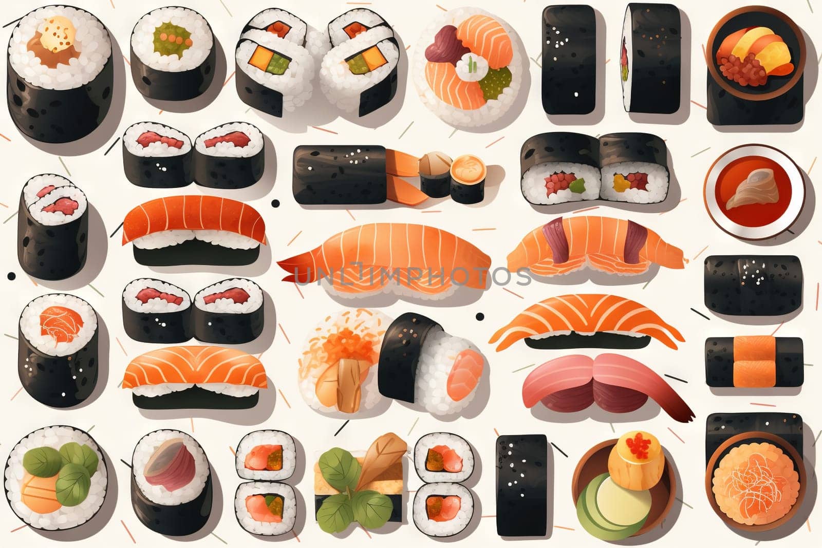 Sushi set. Collection of fast fool in asian style. Classic shushi and rice rolls. Generated AI