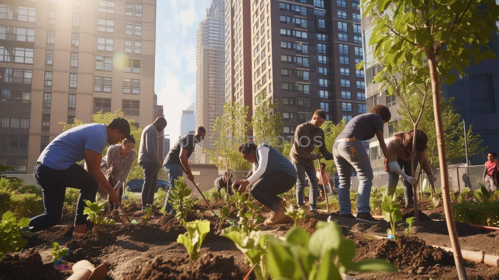 A group of people is tending to plants, shrubs, and trees in a garden, with city buildings visible in the background. AIG41