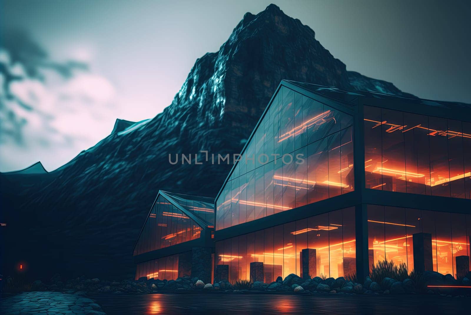 Glass architecture in the mountain landscape. Architectural abstraction combined with nature. Generated AI