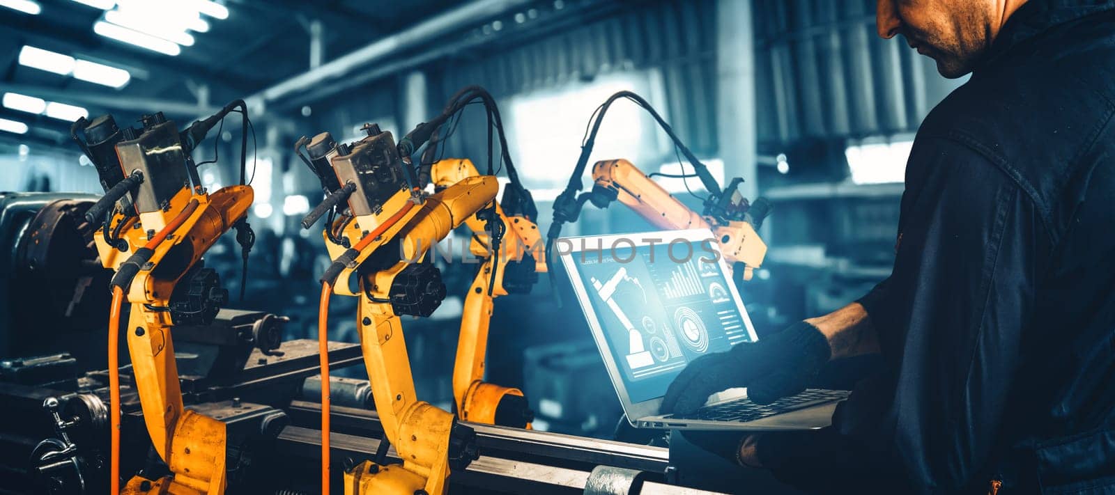XAI Smart industry robot arms for digital factory production technology showing automation manufacturing process of the Industry 4.0 or 4th industrial revolution and IOT software to control operation.