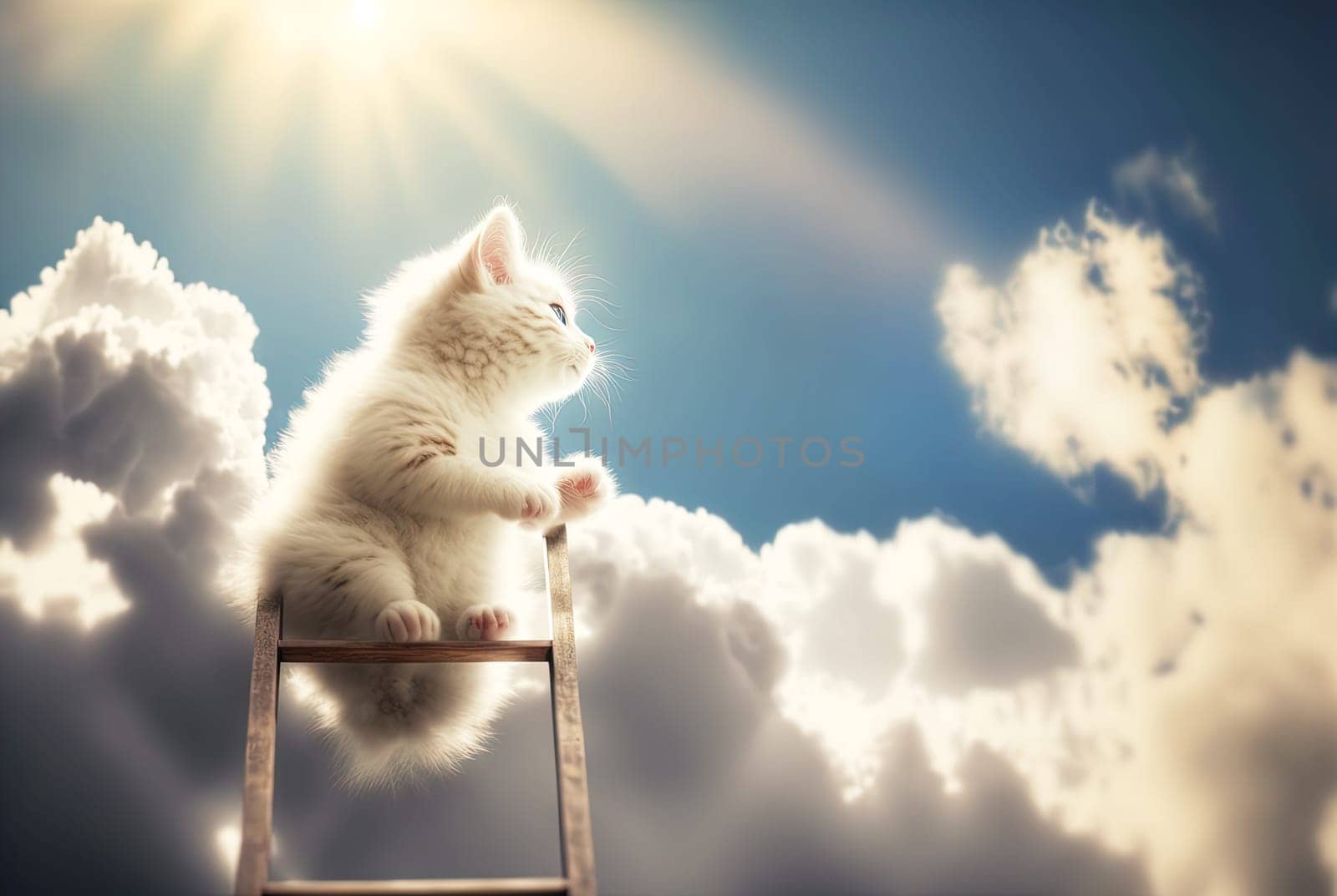 Curious kitten climbing the ladder to the sky with clouds. Cute tiny cat on the stairway. Generated AI. by SwillKch