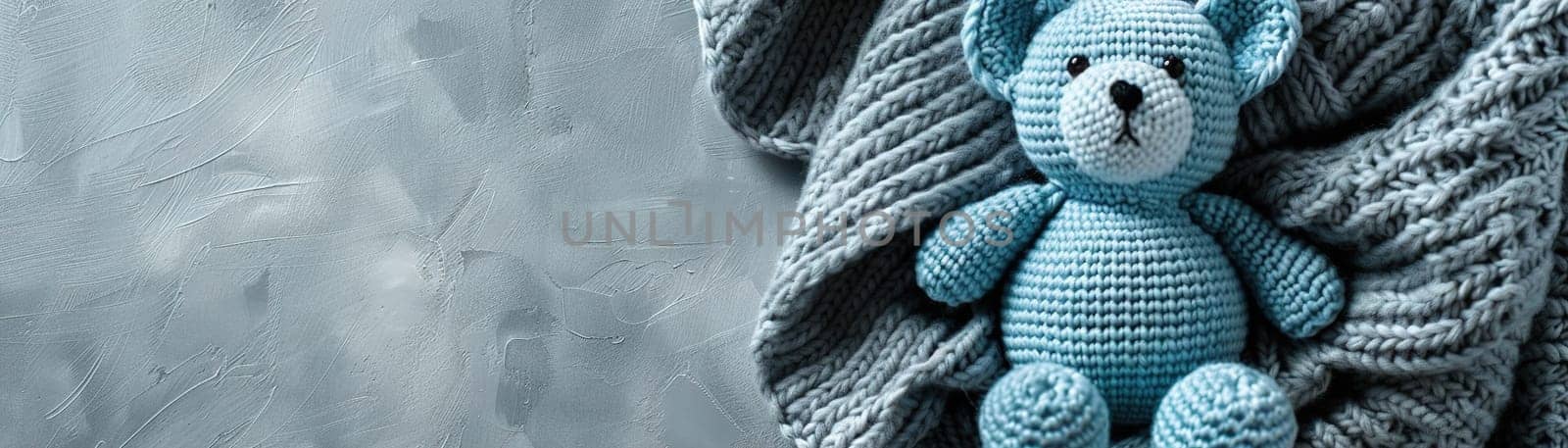 Cozy blue knitted teddy bear wrapped in a chunky blanket on textured gray background, ideal for baby shower gifts, nursery decor, or warm childhood themes. Baby boy birth announcement. Generative AI. by creativebird