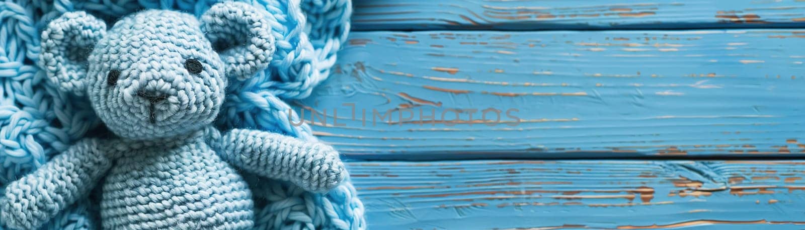 Blue background with plush toy and copy space. It's a boy backdrop with empty space for text. Baby shower or birthday invitation, party. Baby boy birth announcement. Panoramic banner. Generative AI