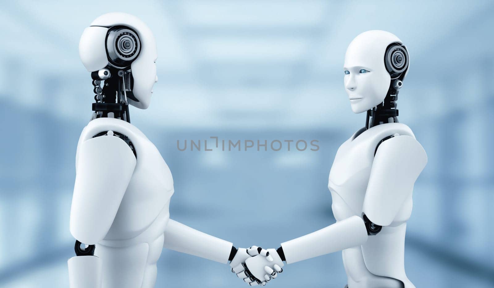 XAI 3D rendering humanoid robot handshake to collaborate future technology by biancoblue