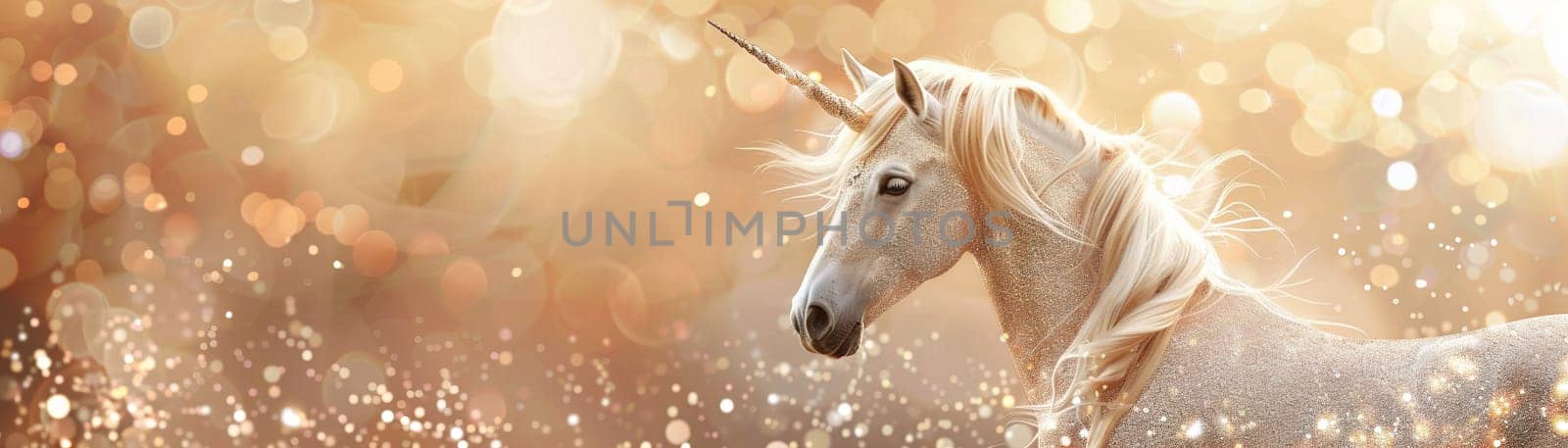 A magical unicorn with a sparkling horn, set against a backdrop of glittering lights, ideal for fantasy themes, childrens books, or enchanting event promotions, with space for text. Generative AI