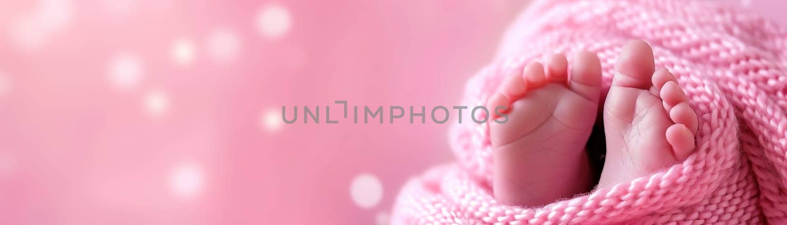 Pink background with baby feet's and copy space. It's a girl backdrop with empty space. Baby shower or birthday invitation, party. Baby girl birth announcement. Panoramic banner. Generative AI