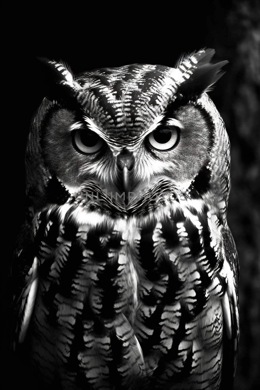 Wild owl in the forest. Black and white style, wildlife element. Generated AI