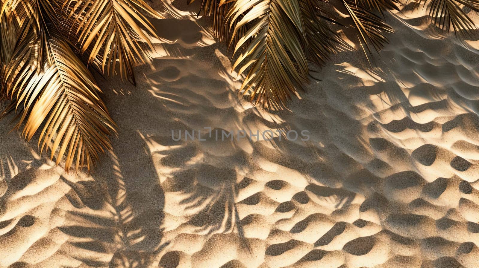 Plam leaves on the tropical beach sand background. Vacation and relaxation concept with dry palm leaves on the hot summer beach. Generated AI