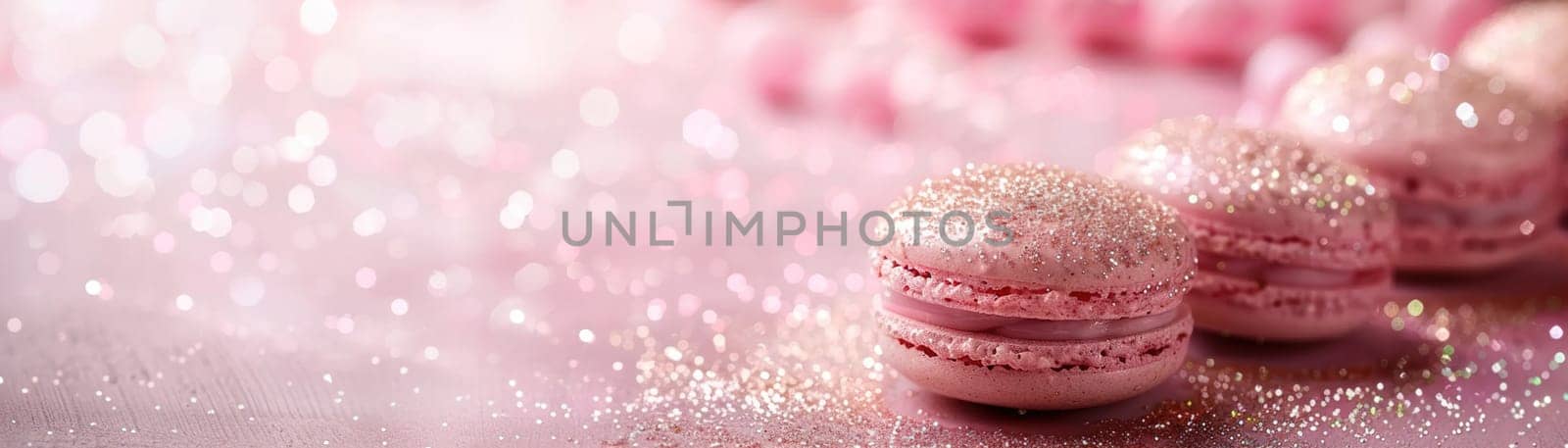 Pink background with elegant glittering macarons, copy space. Women's Day. Its a girl backdrop with empty space. Baby shower or birthday invitation, party. Baby girl birth announcement. Generative AI