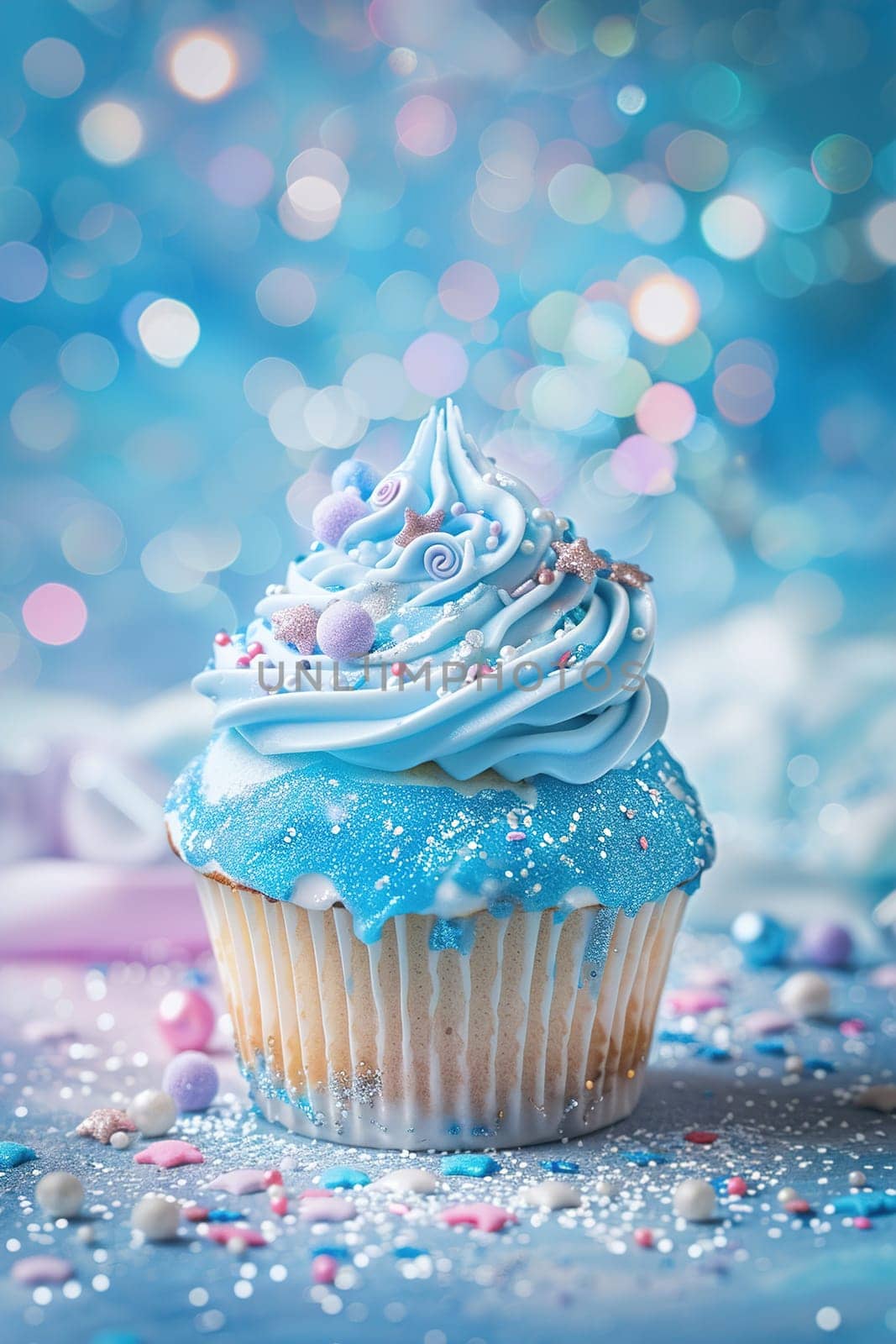 Blue glittering background with cupcake and copy space. It's a boy backdrop with empty space for text. Baby shower or birthday invitation, party. Baby boy birth announcement. Men's Day. Generative AI