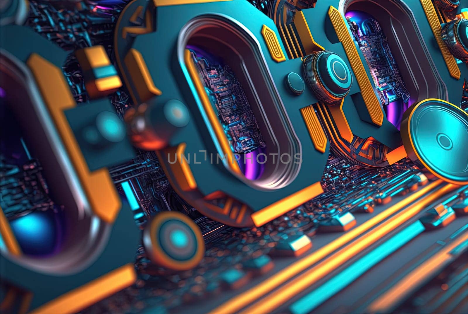 Abstract science and technology background with shiny connection elements and sci-fi intefrace. Tech abstraction wallpaper. Generated AI