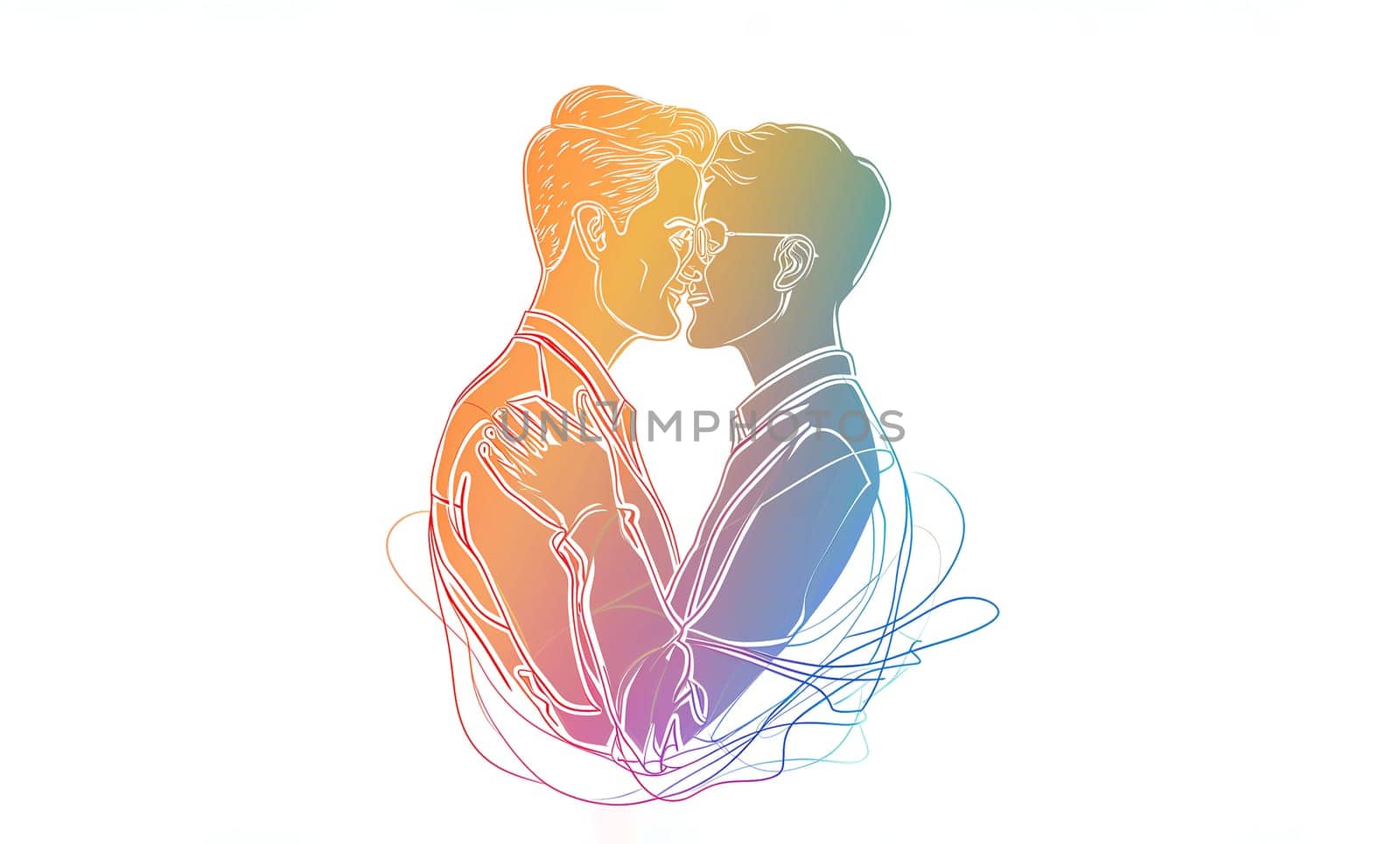 Greeting Card Gay Pride Day. Neon Bright Rainbow Portrait of Two Hugging Men on White Background. Horizontal Mockup. Design For Postcard. AI Generated. LGBT Pride Month.