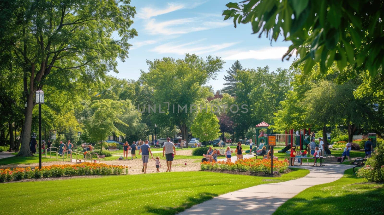 Nature landscape in park: people playing, trees, grass, and a playground AIG41 by biancoblue