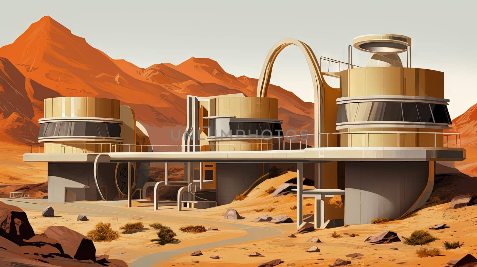 Retro futuristic architecture in sci-fi scene on the desert planet. Alien landscape with nostalgic retro future constructions. Generated AI