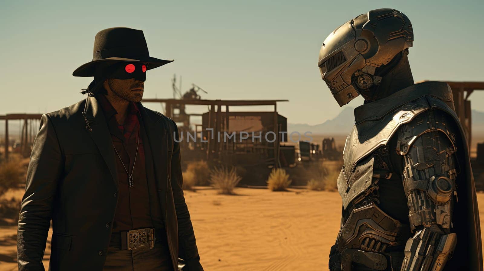 Space cowboys in sci-fi western scene. Sci-fi warriors of the wasteland. Generated AI by SwillKch